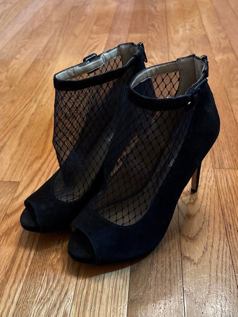 INC Sicili Stiletto Black Suede Peep-Toe Mesh Ankle Bootie Heels, Size 7.5
